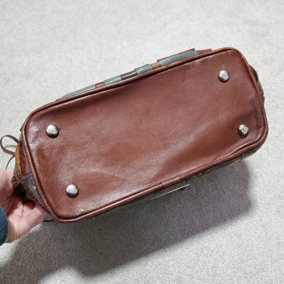 AMERICAN WEST Tooled Leather Woven Shoulder Tote Bag Purse Weave Western Boho - Picture 4 of 14